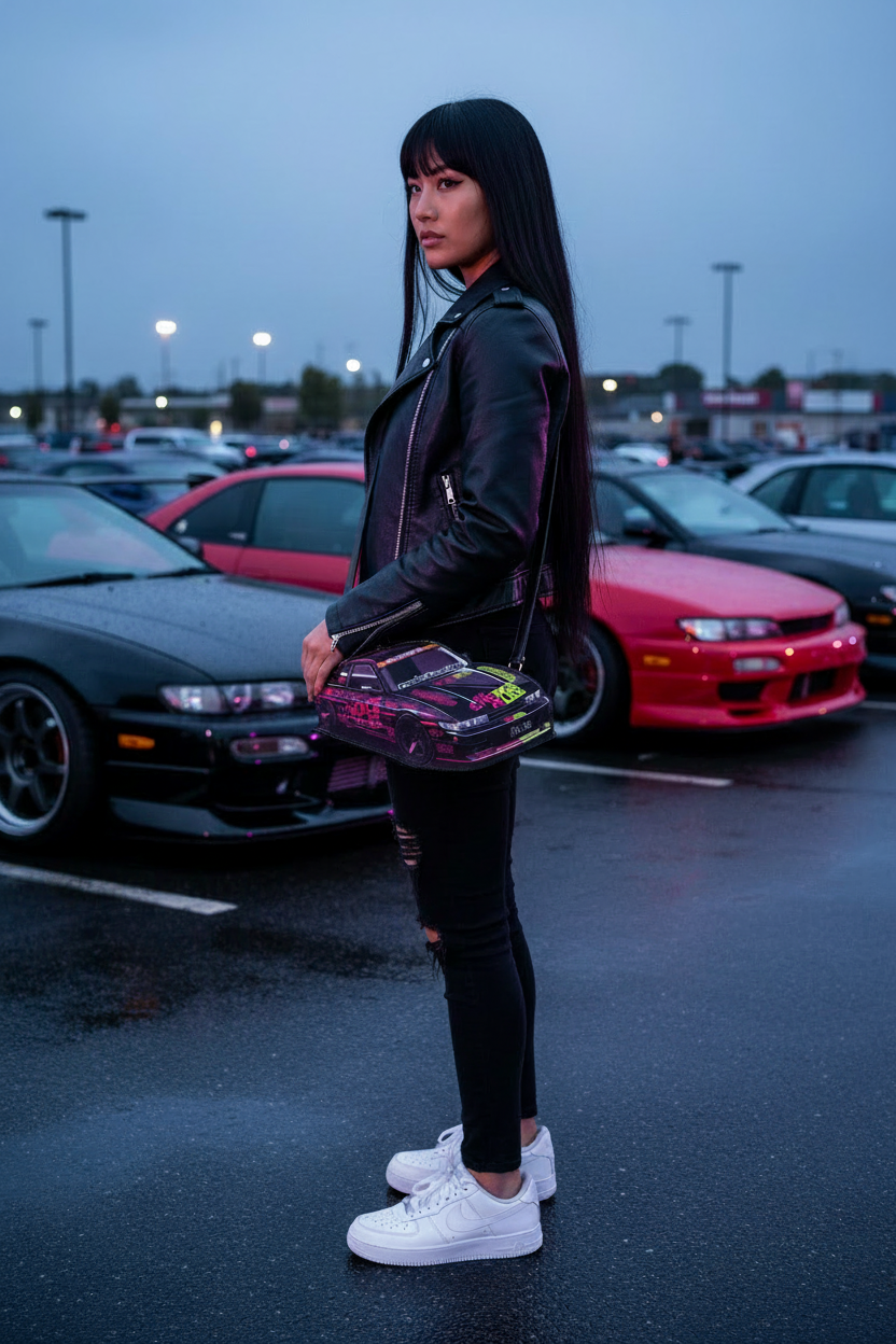 Woman with long straight black hair carrying the S13 Silvia Handbag at a JDM car meet at dusk with neon lights