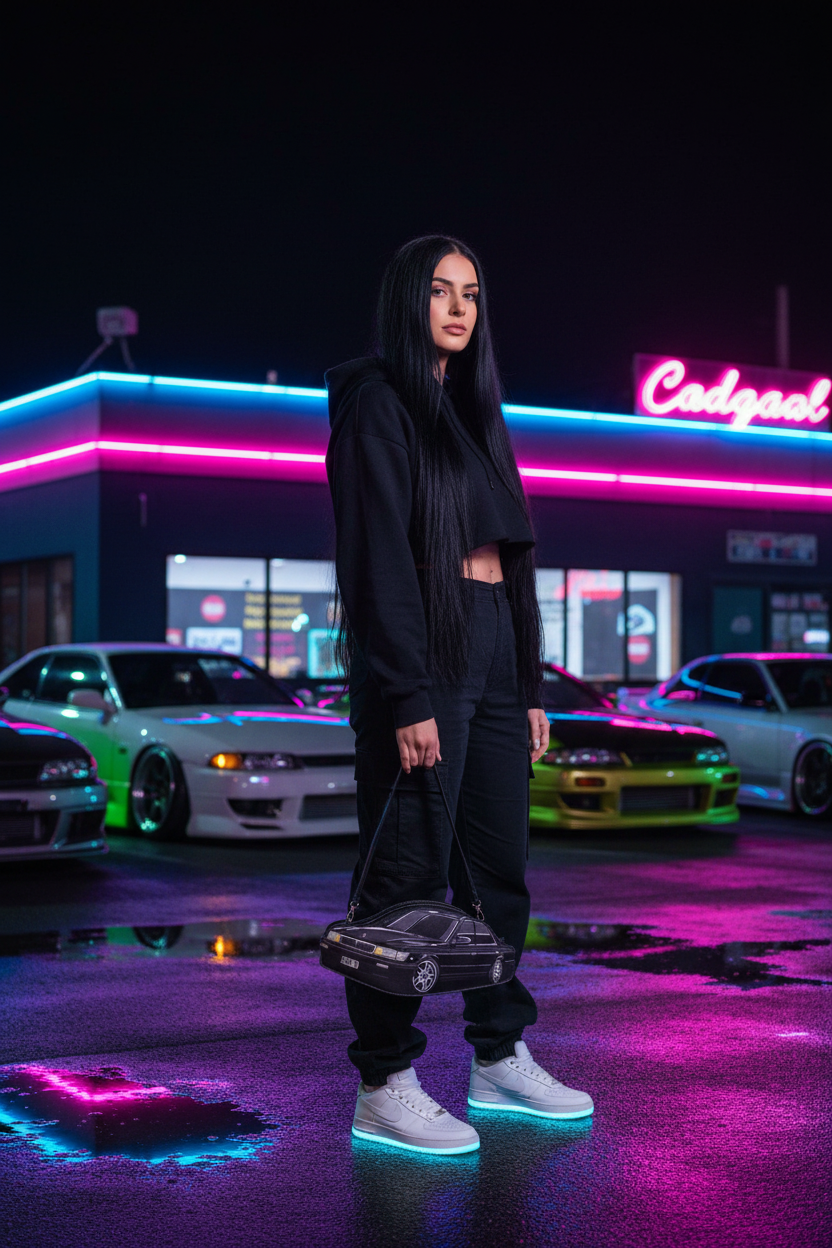 Woman with long straight black hair holding the C33 Laurel Handbag at a neon-lit JDM car meet at night